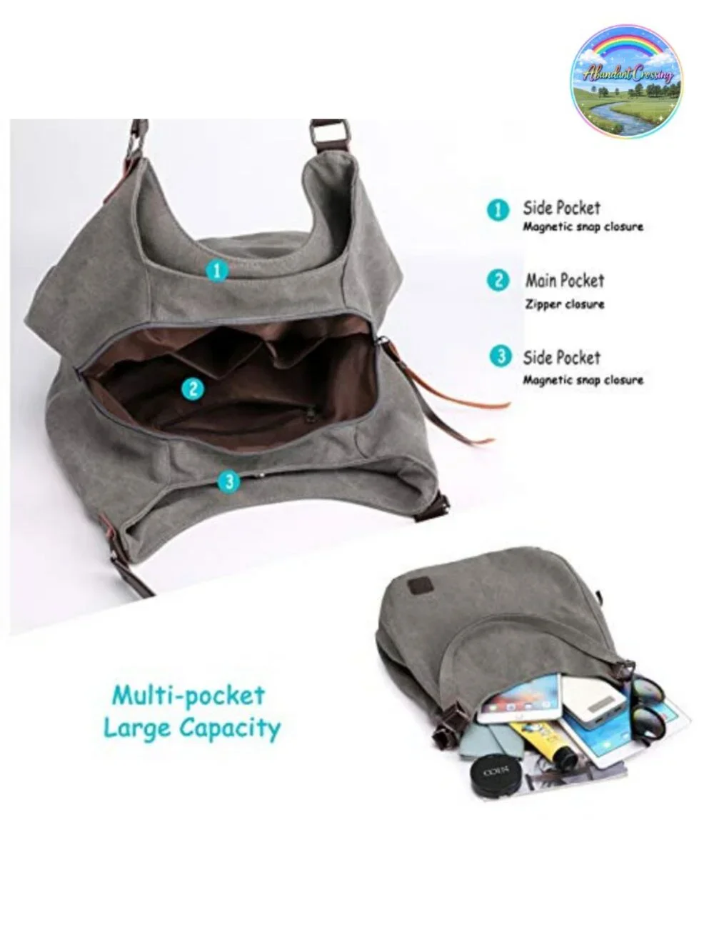 Canvas Multi-Pocket Hobo Shoulder Tote Bag for Women Travel Work Daily Purse